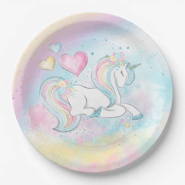 Assiettes En Carton Plaques de papier Baby shower Girl Unicorn (Devant)