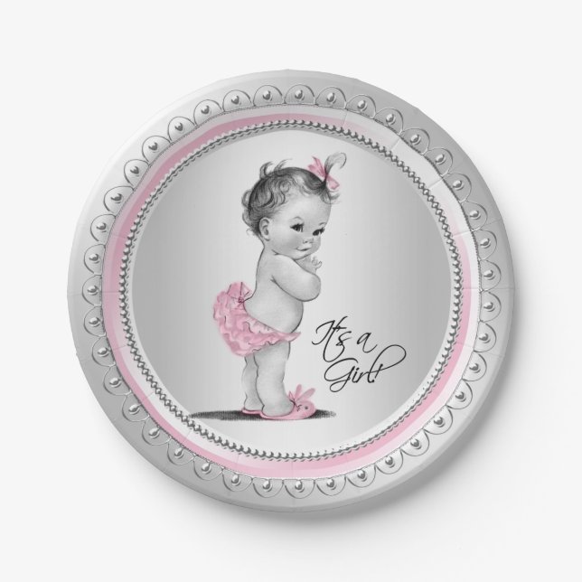 Assiettes En Carton Plaques de papier Baby shower rose et argent (Devant)