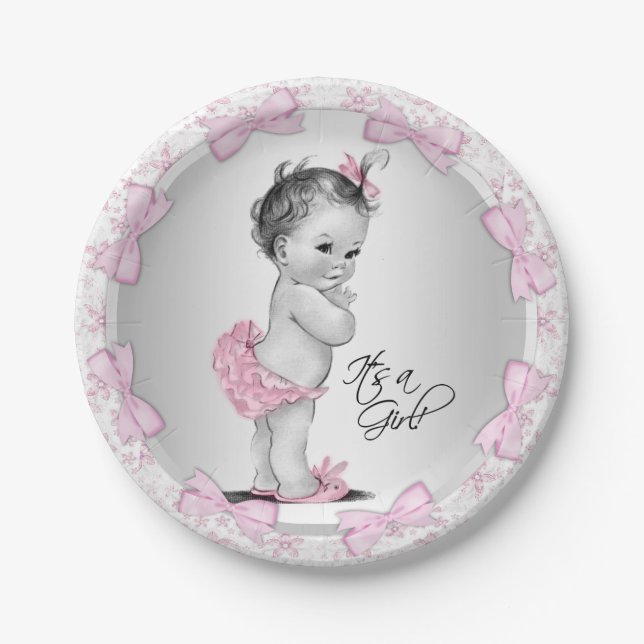 Assiettes En Carton Plaques de papier Baby shower rose gris (Devant)