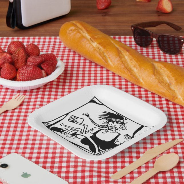 Assiettes En Carton Plaques de papier carré noir Chick Biker (Pique-nique)