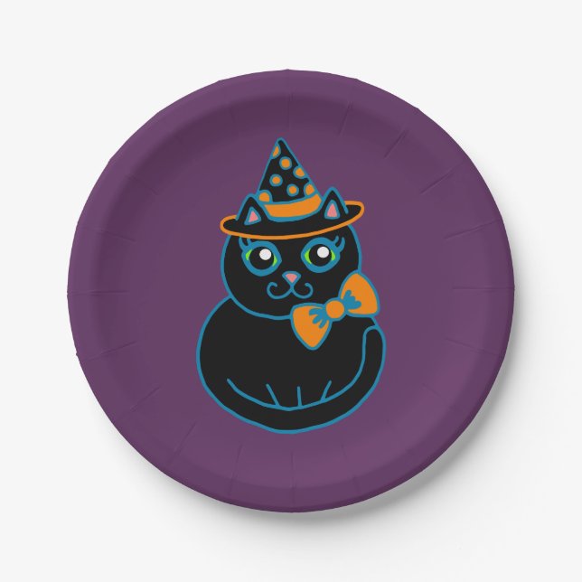 Assiettes En Carton Plaques de papier chat d'Halloween (Devant)