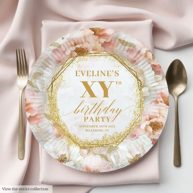 Assiettes En Carton Plaques de papier d'anniversaire en or d'ivoire fl (Radiant Floral Ivory Gold Birthday Paper Plates

)