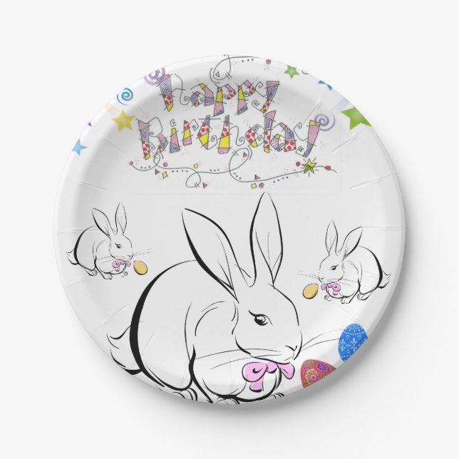 Assiettes En Carton Plaques de papier d'anniversaire, lapin blanc (Devant)