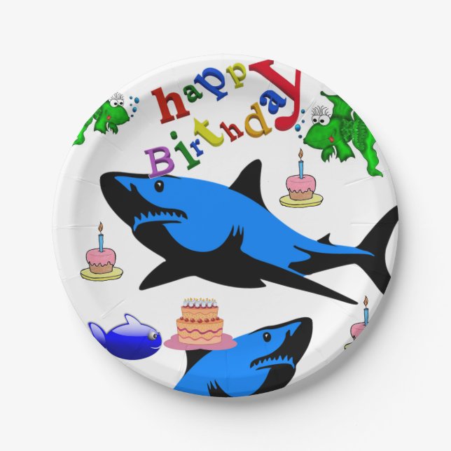 Assiettes En Carton Plaques de papier d'anniversaire, requin (Devant)