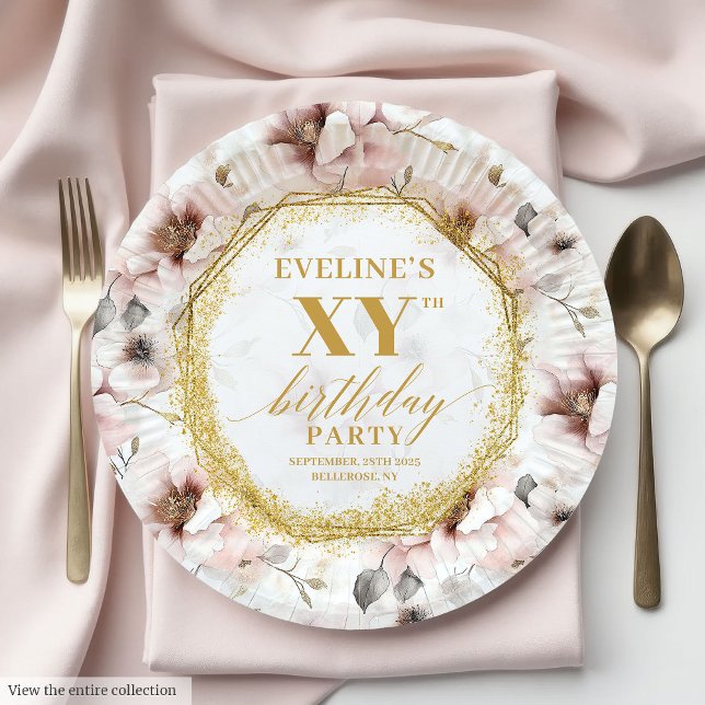 Assiettes En Carton Plaques de papier d'anniversaire rose pâle (Heartfelt Dusty Pink Floral Birthday Paper Plates

)