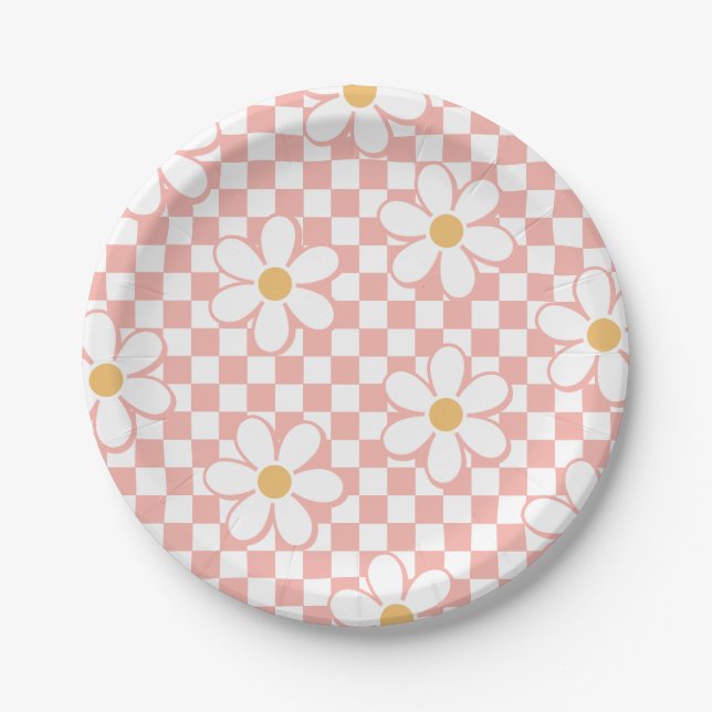 Assiettes En Carton Plaques de papier d'anniversaire rose Retro Checke (Devant)