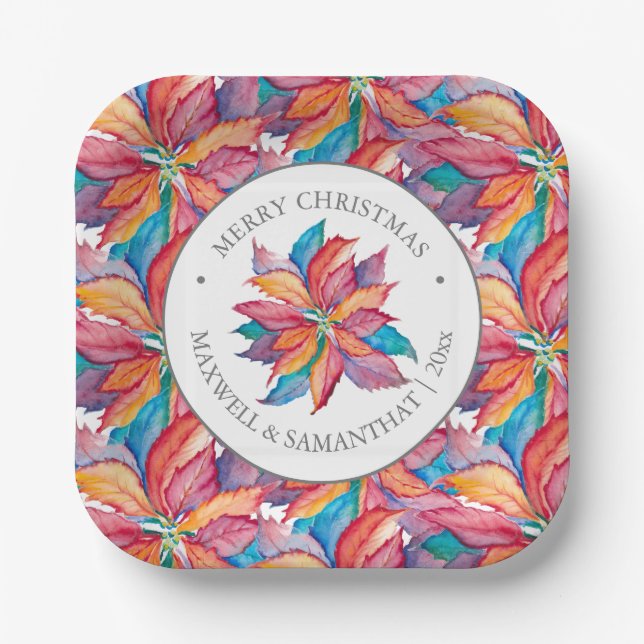 Assiettes En Carton Plaques de papier de Noël carré Poinsettia unique (Recto)