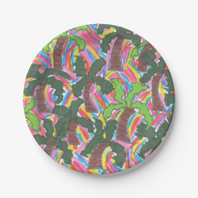 Assiettes En Carton Plaques de papier d'impression Rainbow Palm Tree (Devant)