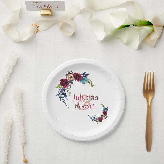 Assiettes En Carton Plaques de papier floral boho rouge (Mariage)