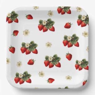 Assiettes En Carton Plaques de papier fraise avec fleurs sur blanc
