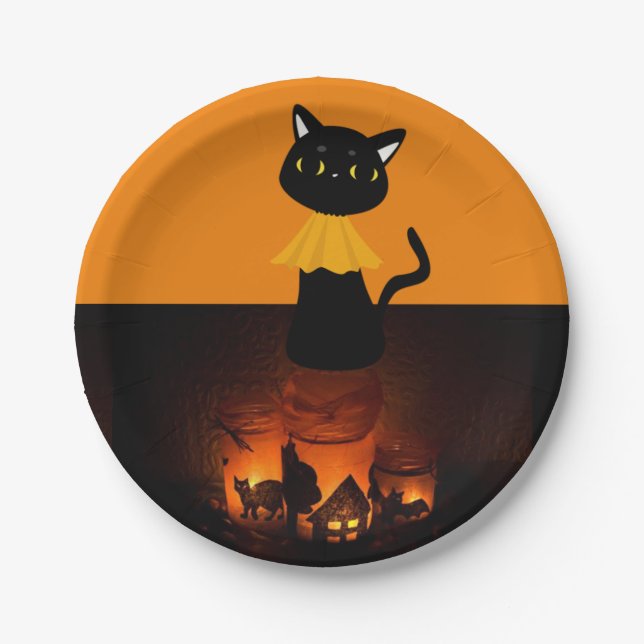 Assiettes En Carton Plaques de papier Halloween, Chat noir (Devant)