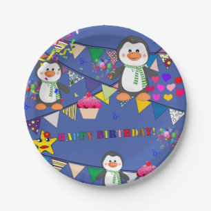 Assiettes En Carton Plaques de papier, joyeux pingouin d'anniversaire