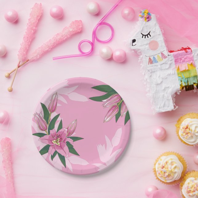 Assiettes En Carton Plaques de papier Lily à floraison rose brillant (Fête)