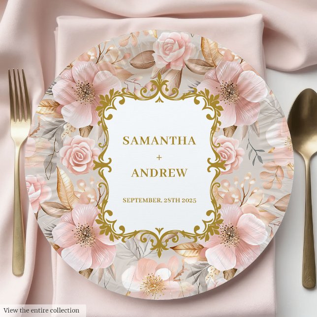 Assiettes En Carton Plaques de papier Mariage Blush Gold (Modern Blush Gold Wedding Paper Plates)