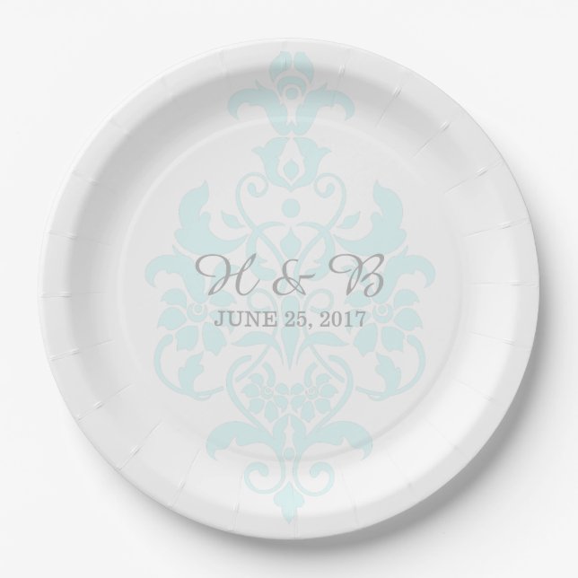 Assiettes En Carton Plaques de papier Mariage damassé Aqua Subtle (Devant)