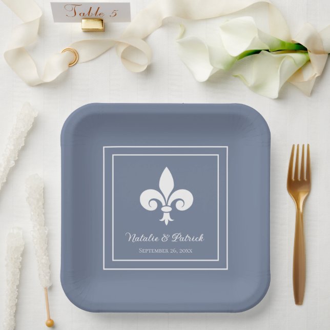 Assiettes En Carton Plaques de papier Mariage Dusty Blue Fleur de Lis (Mariage)