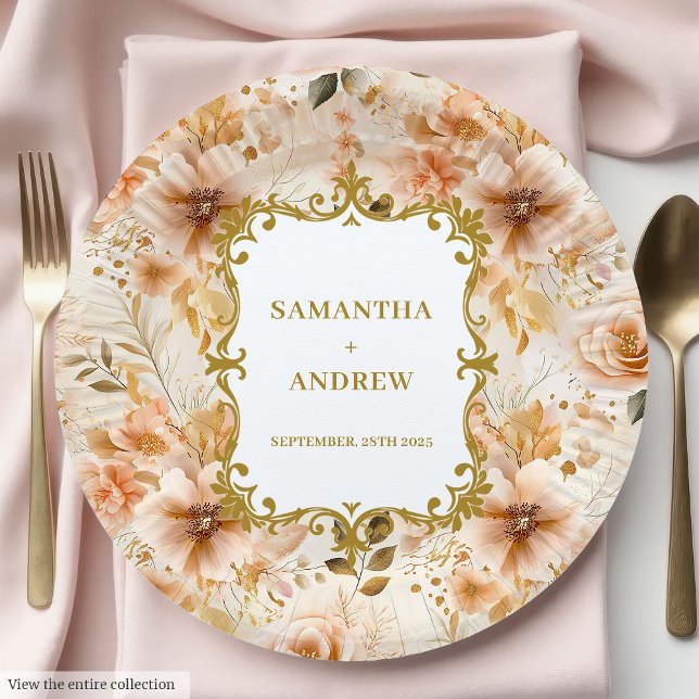 Assiettes En Carton Plaques de papier Mariage en or brillant (Stylish Blush Gold Wedding Paper Plates)