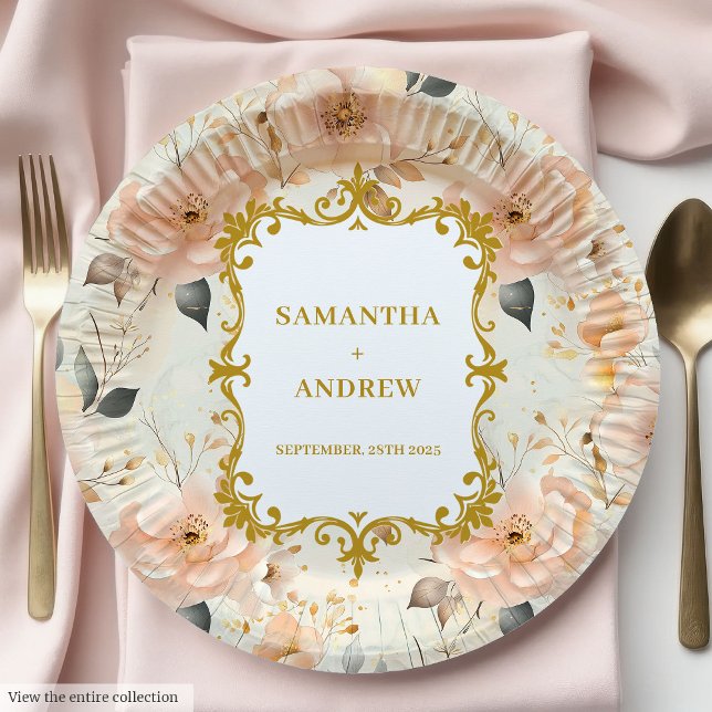 Assiettes En Carton Plaques de papier Mariage en or brillant romantiqu (Romantic Blush Gold Wedding Paper Plates)