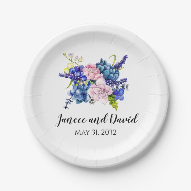 Assiettes En Carton Plaques de papier Mariage Floral bleu Fleurs de ja (Devant)