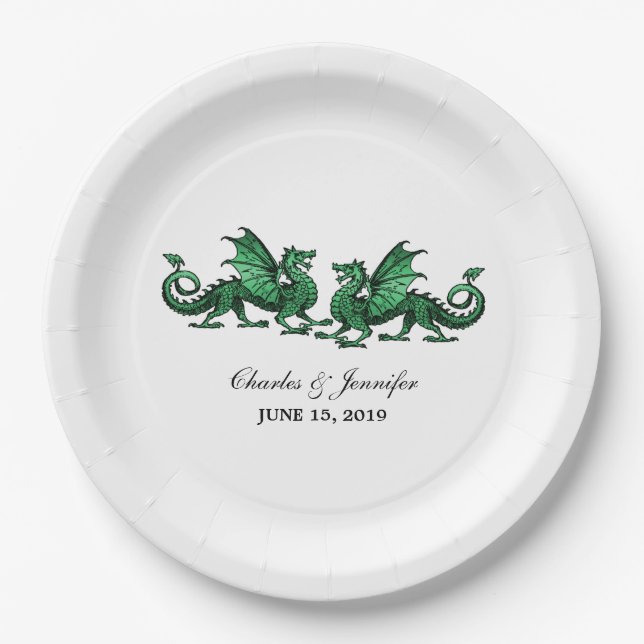 Assiettes En Carton Plaques de papier Mariage Green Elegon Dragons (Devant)