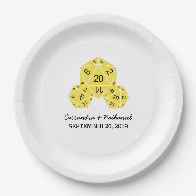 Assiettes En Carton Plaques de papier Mariage jaune D20 dés (Devant)