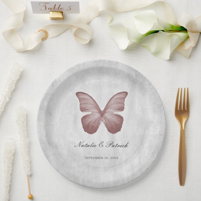 Assiettes En Carton Plaques de papier Mariage papillon rose (Mariage)