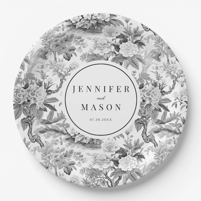 Assiettes En Carton Plaques de papier monogramme de mariage floral bla (Devant)