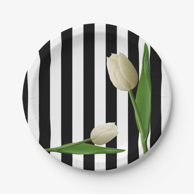 Assiettes En Carton Plaques de papier, noir et blanc Tulipe floral (Devant)