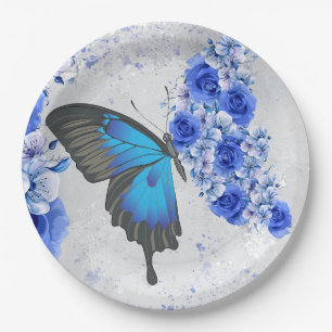 Assiettes En Carton Plaques de papier rond papillon floral bleu