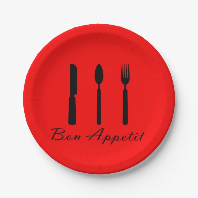 Assiettes En Carton Plaques de papier rouge et noir Bon Appetit (Devant)