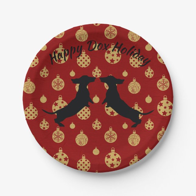 Assiettes En Carton Plaques de papier rouge et or Holiday Dachshund (Devant)