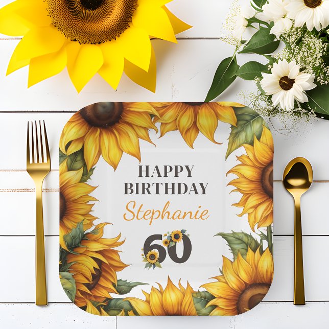 Assiettes En Carton Plaques de papier tournesol personnalisées 60e ann (🌻 Sunflower Splendor: Personalized 60th Birthday Paper Plates! 🎈)