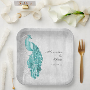 Assiettes En Carton Plaques de papier Wedding shower Peacock turquoise