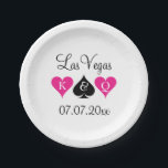 Assiettes En Carton Plaques de soirée à thème de podium personnalisées<br><div class="desc">Plaques de mariage personnalisées Las Vegas poker thème de mariage. Couleurs rose néon et noir avec des icônes de cartes à jouer. Roi et Reine des coeurs avec pique noir. Ajoutez votre propre nom personnalisé de mariée et mariée plus la date du mariage. Fournitures jetables pour les couples mariés ou...</div>