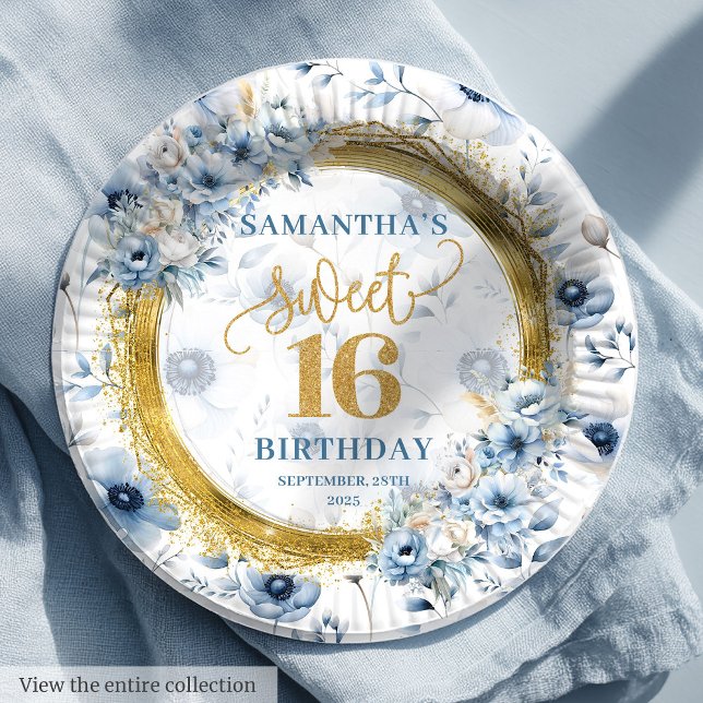 Assiettes En Carton Plaques d'or Dusty Blue Sweet sixteen (Glitzy Sweet Sixteen Dusty Blue Gold Party Plates

)