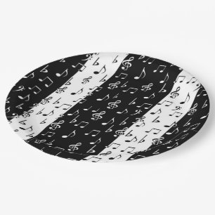 Assiettes En Carton Plaques en papier à rayures musicales noires et bl