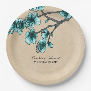 Assiettes En Carton Plaques en papier Aqua Vintage Cherry Blossoms