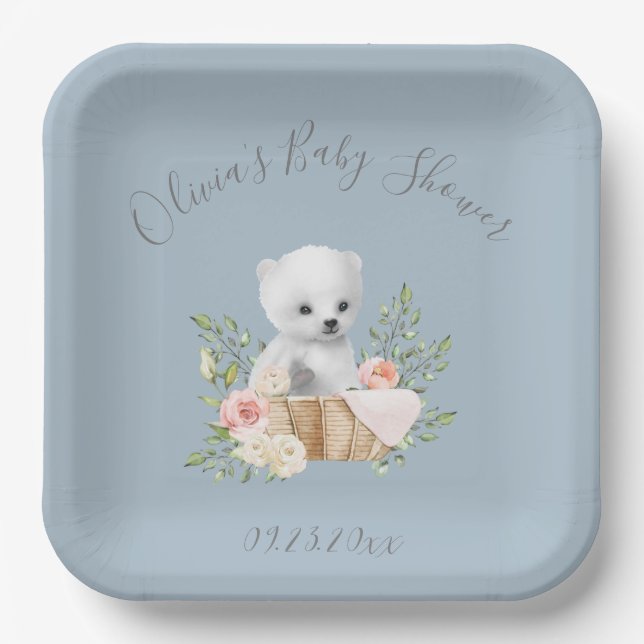 Assiettes En Carton Plaques en papier Baby shower bleu ours polaire (Recto)
