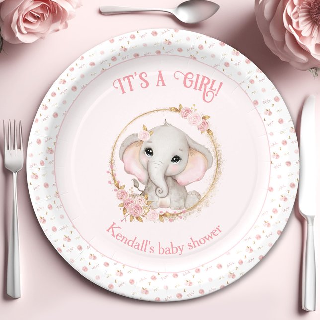 Assiettes En Carton Plaques en papier Baby shower rose Eléphant (Cute Elephant Pink Baby Shower Paper Plates)