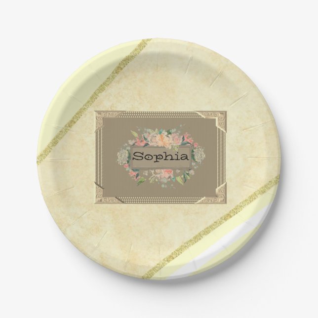 Assiettes En Carton Plaques en papier, Bige Or Bande Florale Monogramm (Devant)