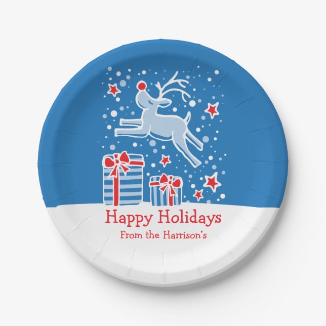 Assiettes En Carton Plaques en papier bleu motif de rennes de Noël (Devant)