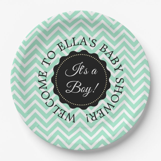 Assiettes En Carton Plaques en papier Chevron Sage Baby shower personn (Devant)