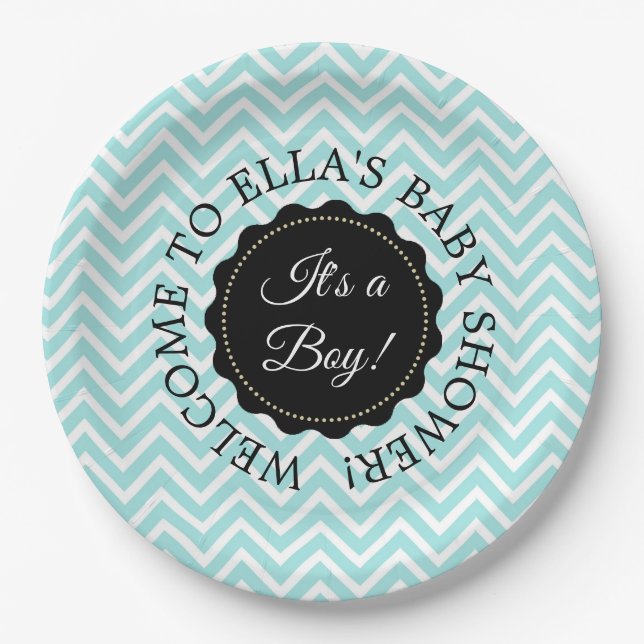 Assiettes En Carton Plaques en papier Chevron Turquoise Baby shower pe (Devant)