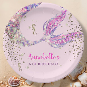Assiettes En Carton Plaques en papier d'anniversaire de sirène rose