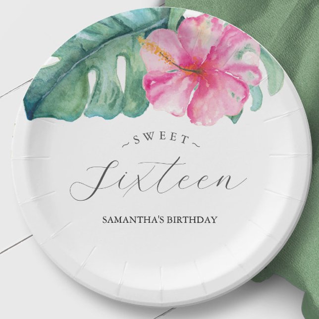 Assiettes En Carton Plaques en papier d'anniversaire Sweet 16 Tropical (Birthday party sweet 16 paper plates tropical luau theme art and design by Victoria Grigaliunas)
