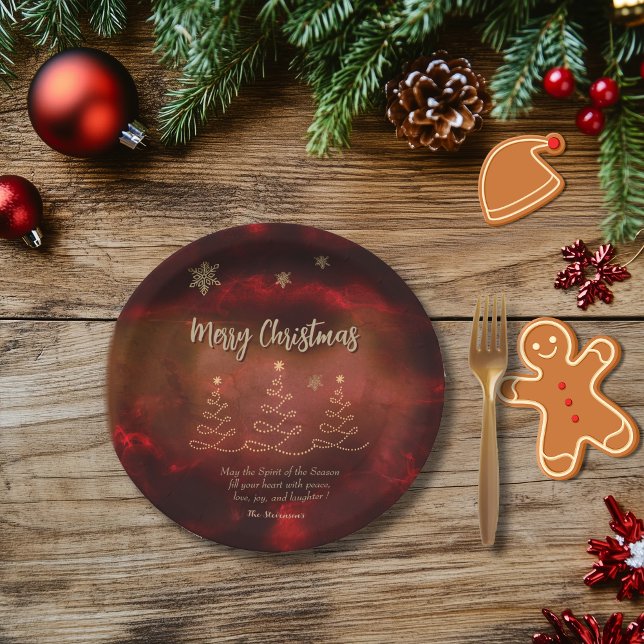Assiettes En Carton Plaques en papier d'arbre de Noël d'or rouge moder (Modern Red Gold Christmas Tree Paper Plates)