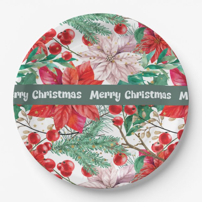 Assiettes En Carton Plaques en papier de conception de Noël Poinsettia (Devant)