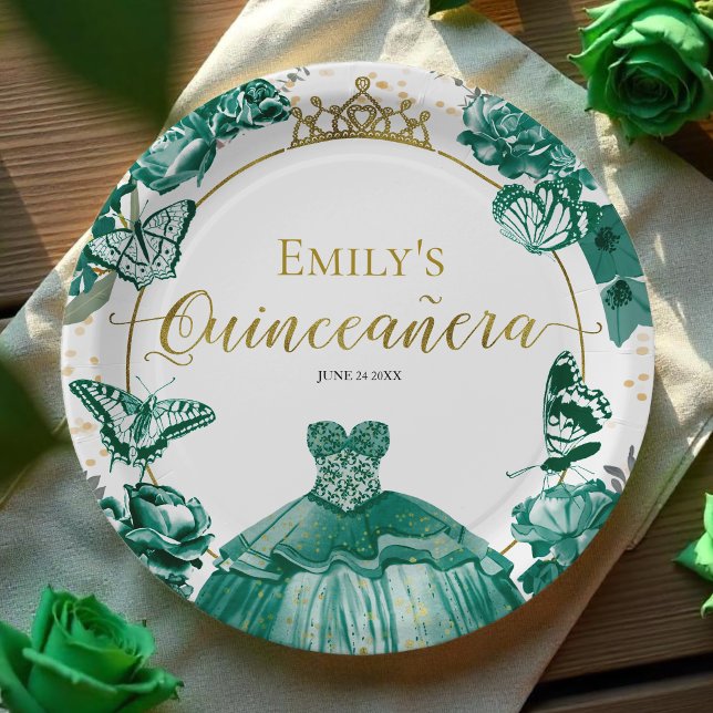 Assiettes En Carton Plaques en papier de Quinceanera Robe vert émeraud (Créateur téléchargé)