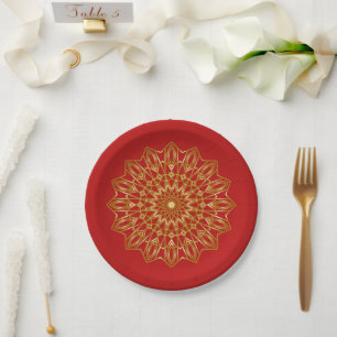 Assiettes En Carton Plaques en papier d'inspiration arabe rouge et or