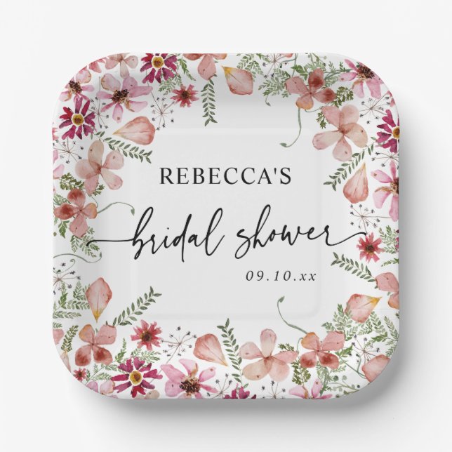Assiettes En Carton Plaques en papier Fleur sauvage Boho rose (Recto)